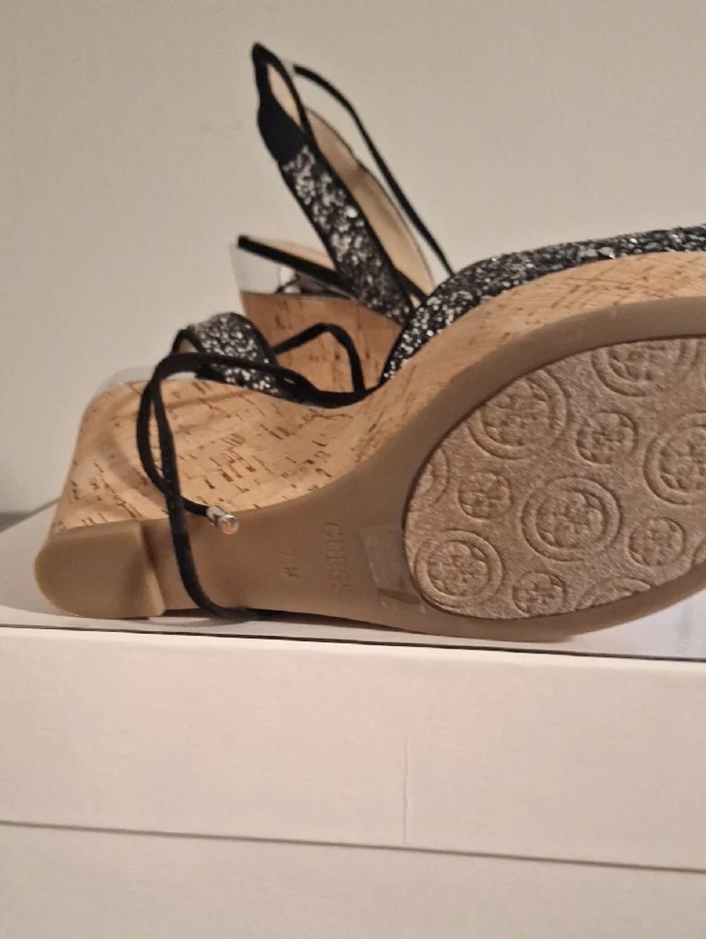 GUESS Black Glitter Lace-Up Cork Wedge Sandals